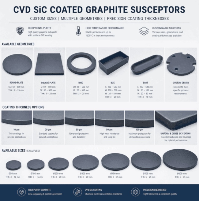 Suseptor Grafit Dilapisi CVD SiC Ukuran Khusus Geometri Ganda Ketebalan Lapisan Presisi